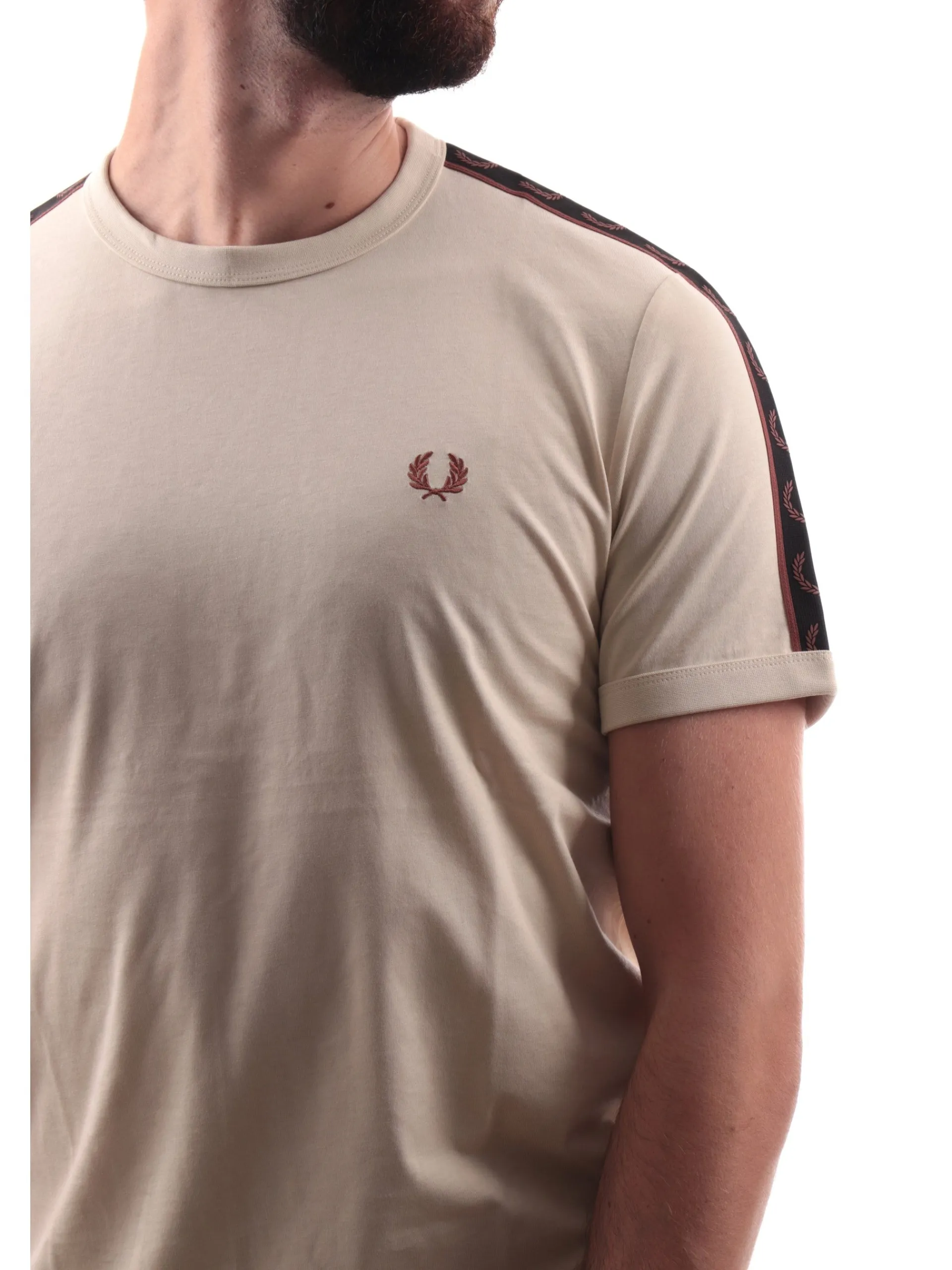 FRED PERRY T-Shirt*T-Shirt beige da uomo bande logate Contrast Tape Ringer M4613
