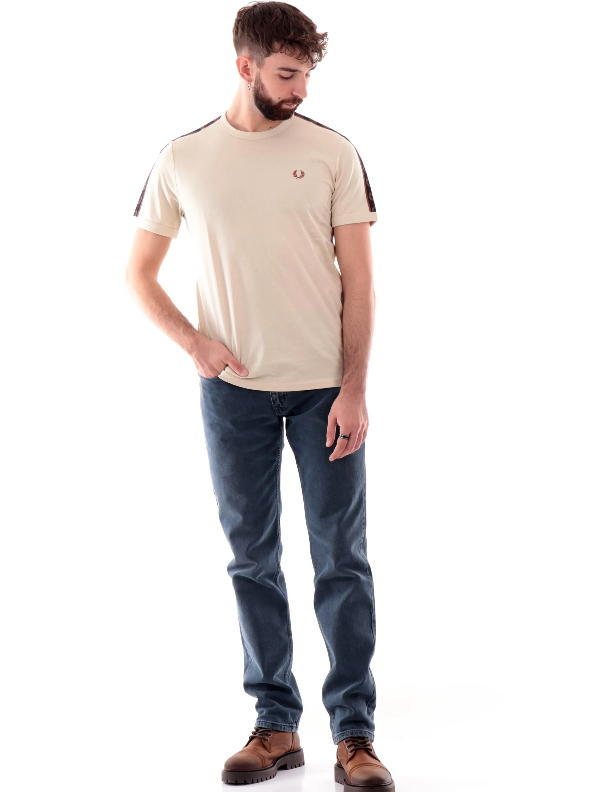 FRED PERRY T-Shirt*T-Shirt beige da uomo bande logate Contrast Tape Ringer M4613
