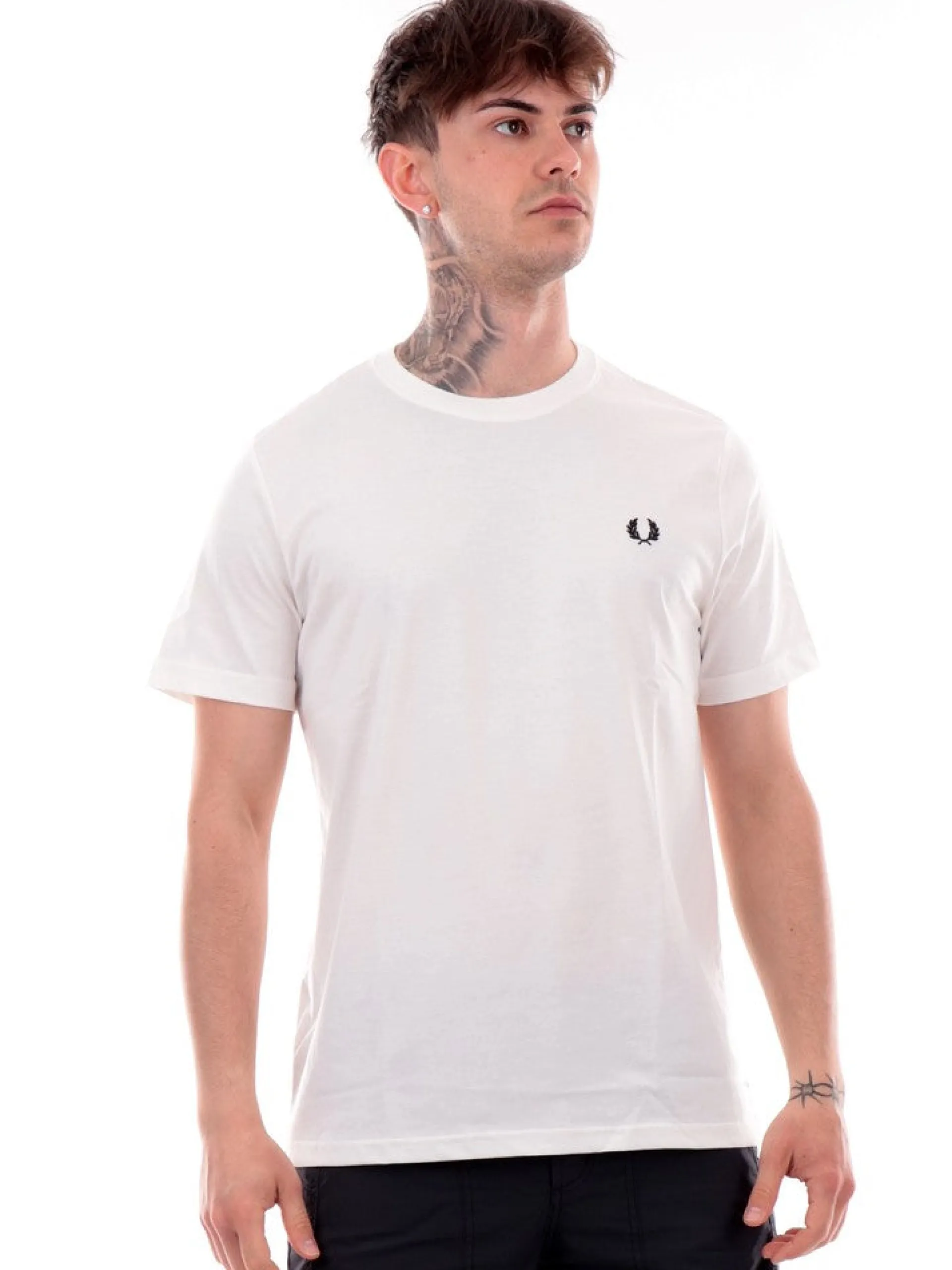 FRED PERRY T-Shirt*T-shirt bianca da uomo logo nero Crew Neck M1600