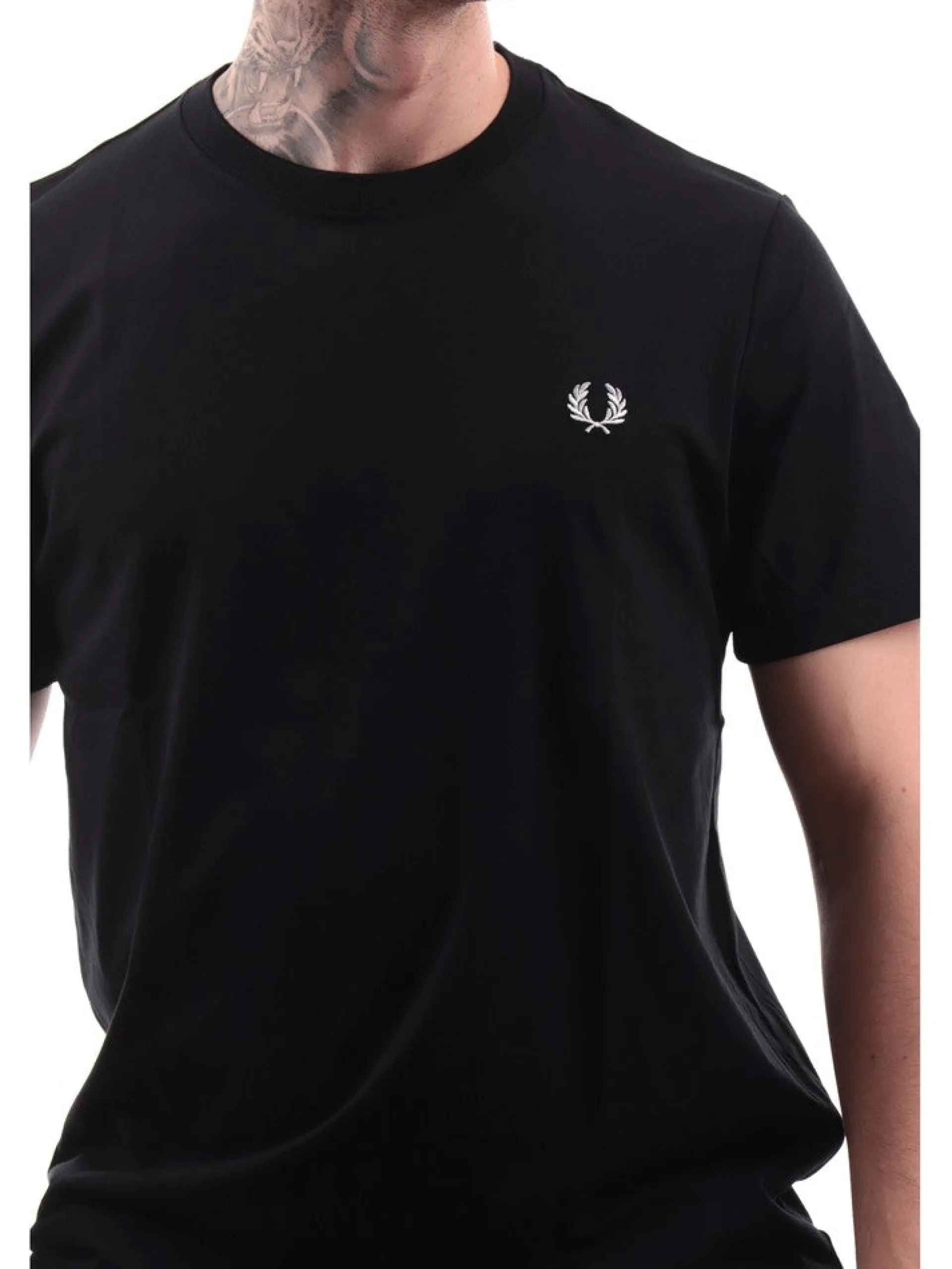 FRED PERRY T-Shirt*T-shirt nera da uomo logo bianco Crew Neck M1600