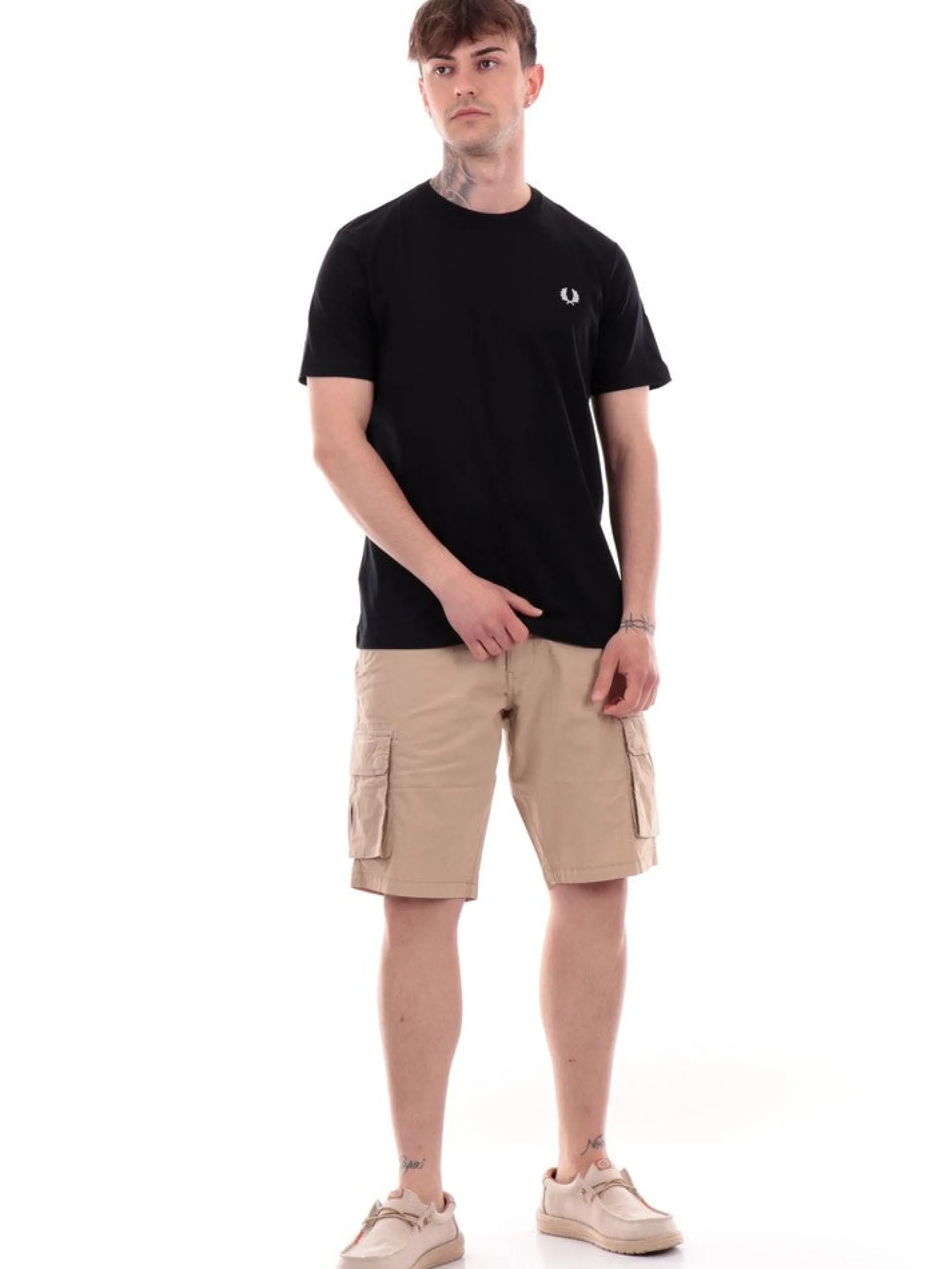 FRED PERRY T-Shirt*T-shirt nera da uomo logo bianco Crew Neck M1600