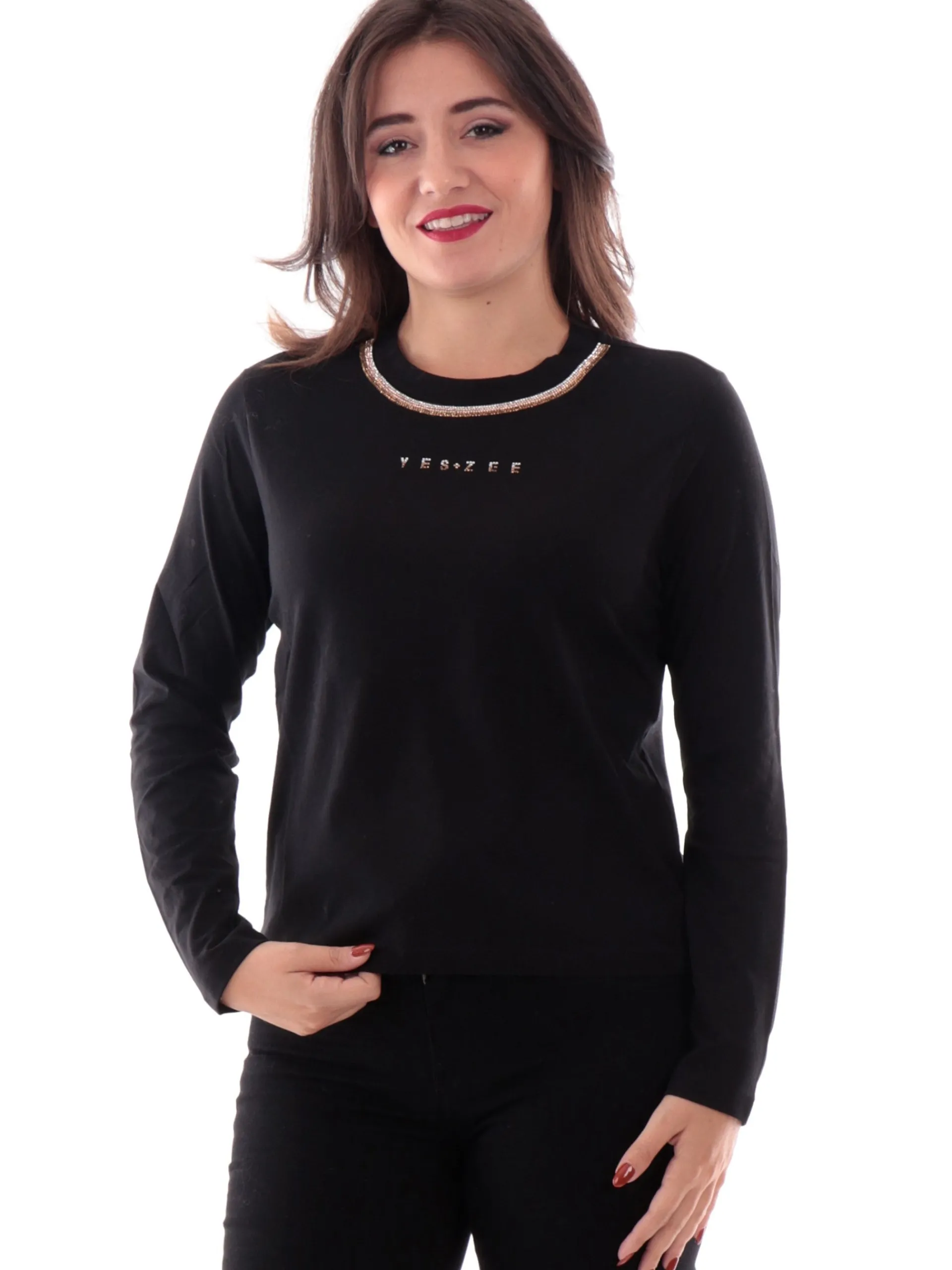 YES ZEE T-Shirt*T-shirt girocollo nera da donna con strass T004S1000