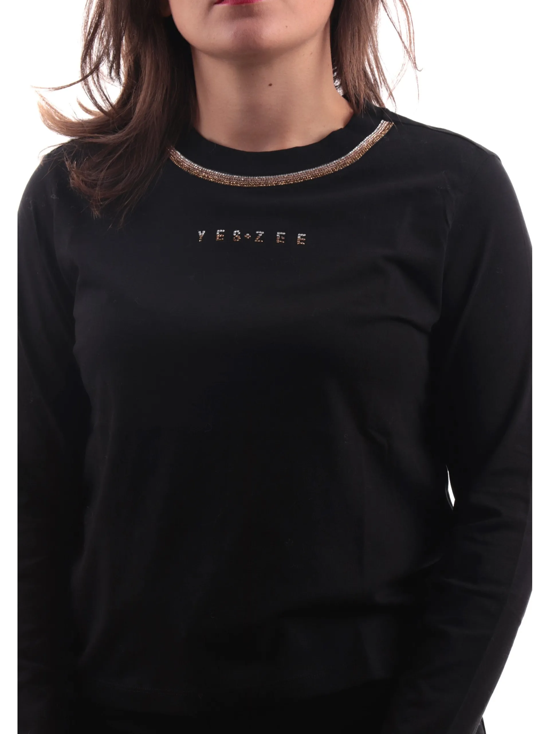 YES ZEE T-Shirt*T-shirt girocollo nera da donna con strass T004S1000