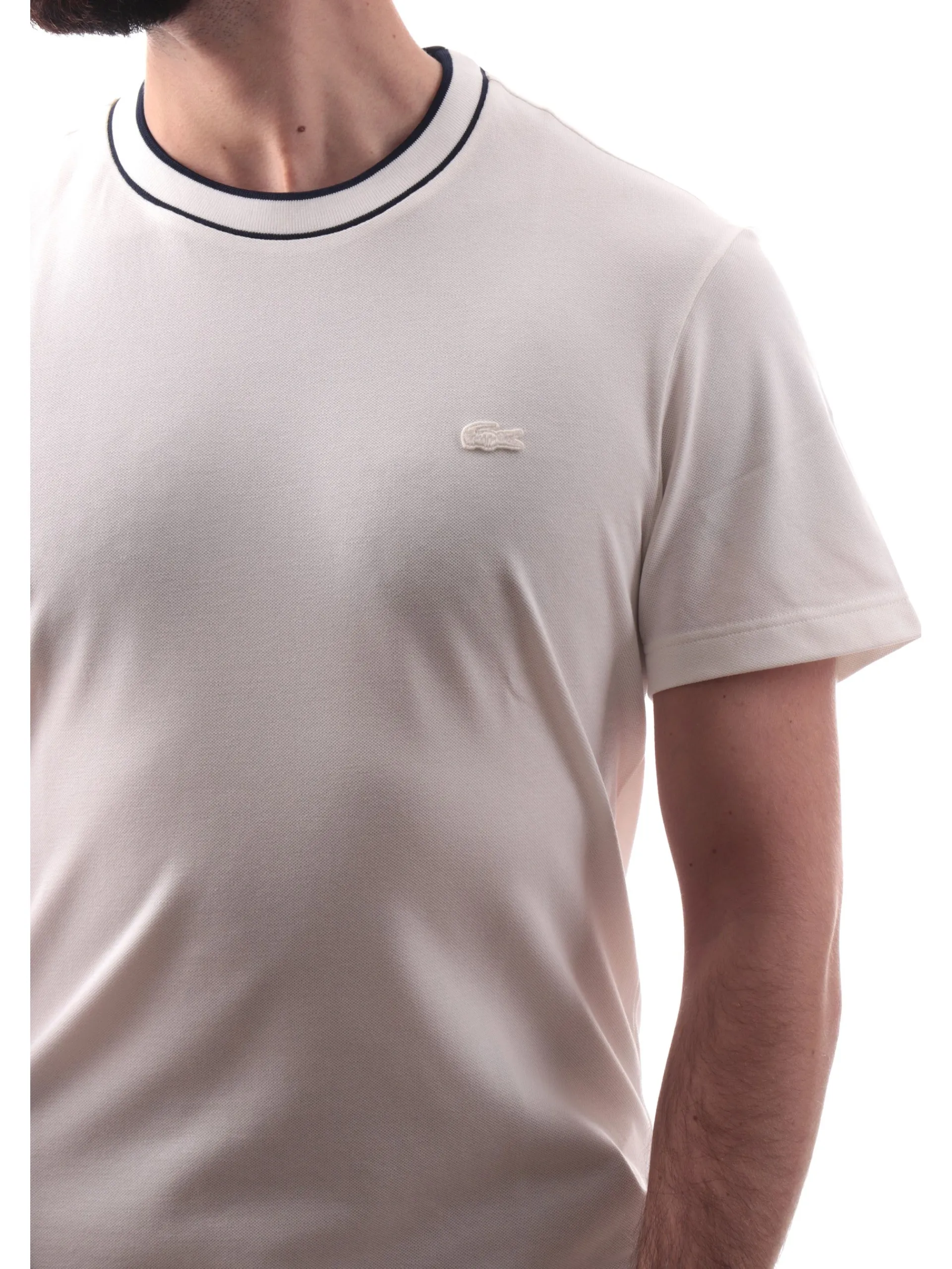 LACOSTE T-Shirt*T-shirt bianca da uomo bande blu sul colletto TH8174