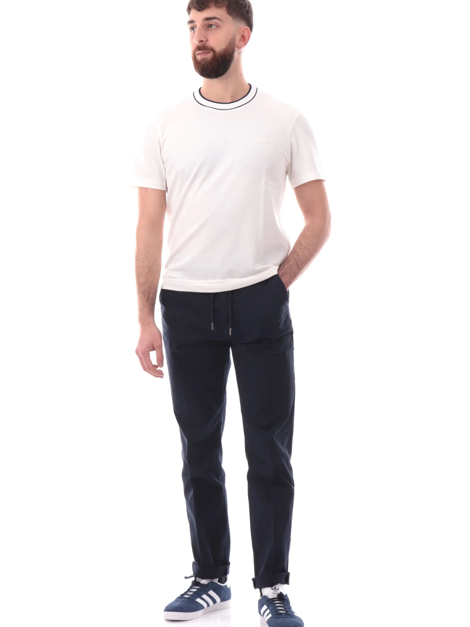 LACOSTE T-Shirt*T-shirt bianca da uomo bande blu sul colletto TH8174