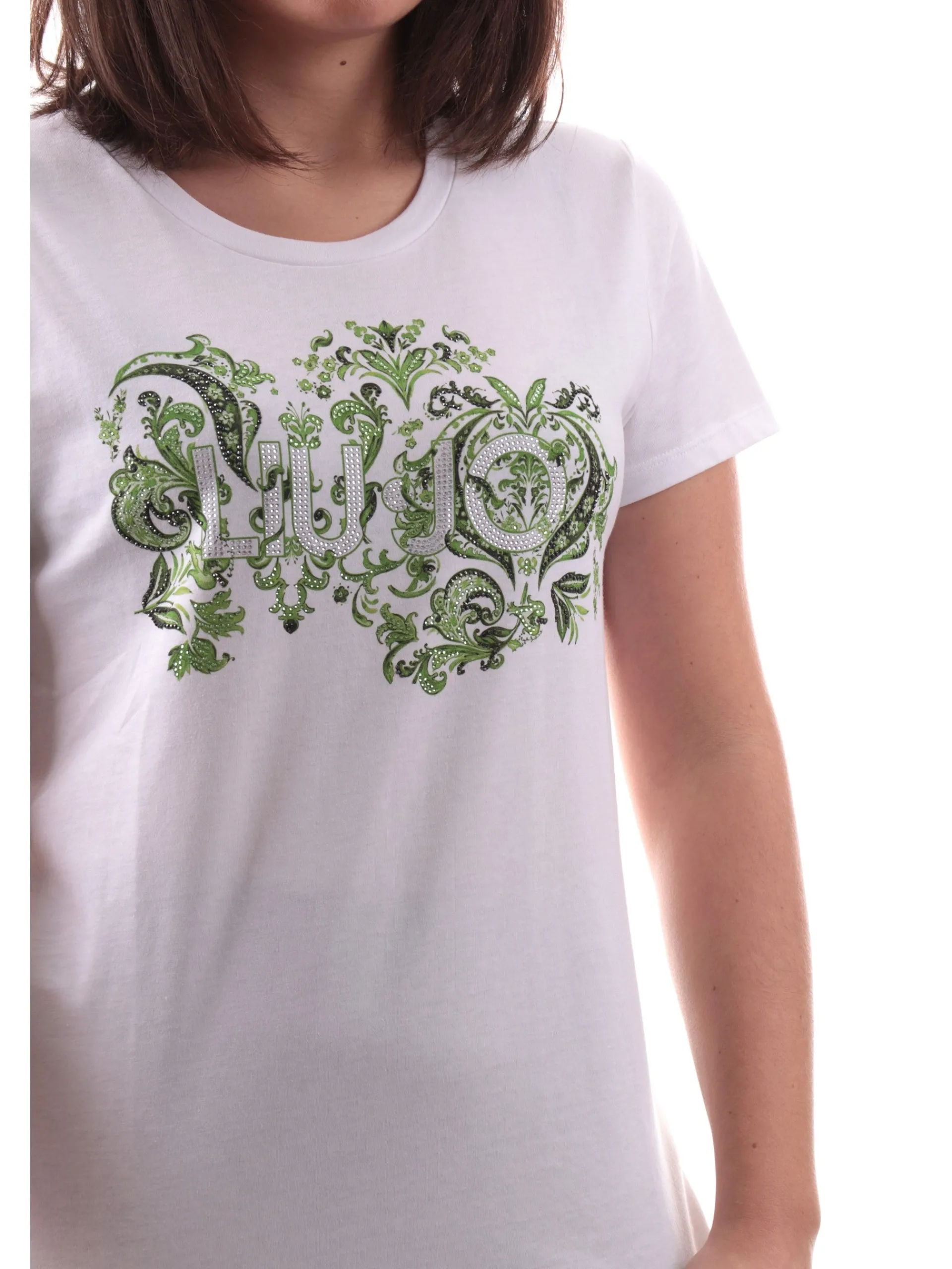 LIU JO MILANO T-Shirt*T-shirt Liu Jo bianca da donna con strass Logo verde WA5240JS923M9607