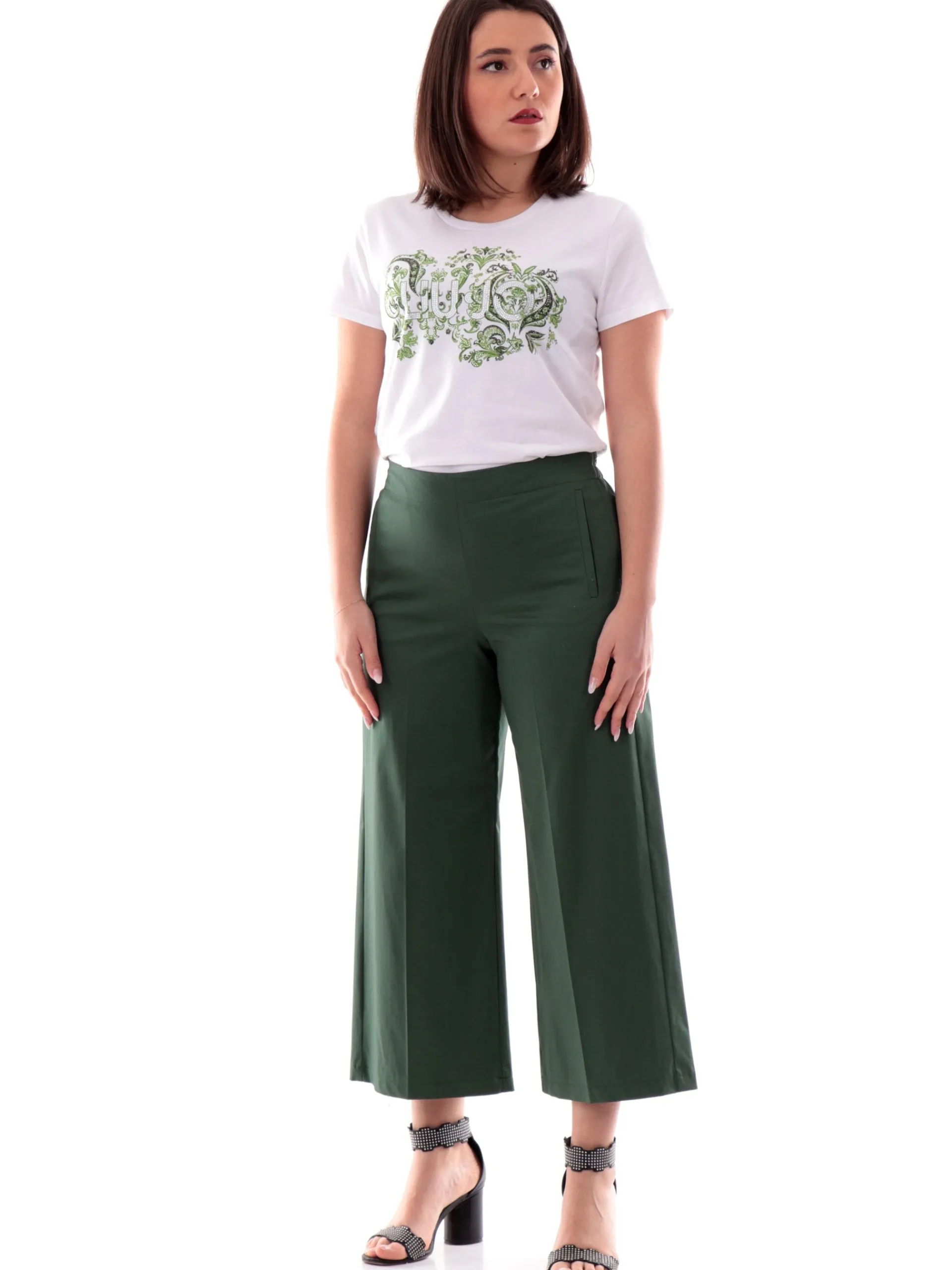 LIU JO MILANO T-Shirt*T-shirt Liu Jo bianca da donna con strass Logo verde WA5240JS923M9607