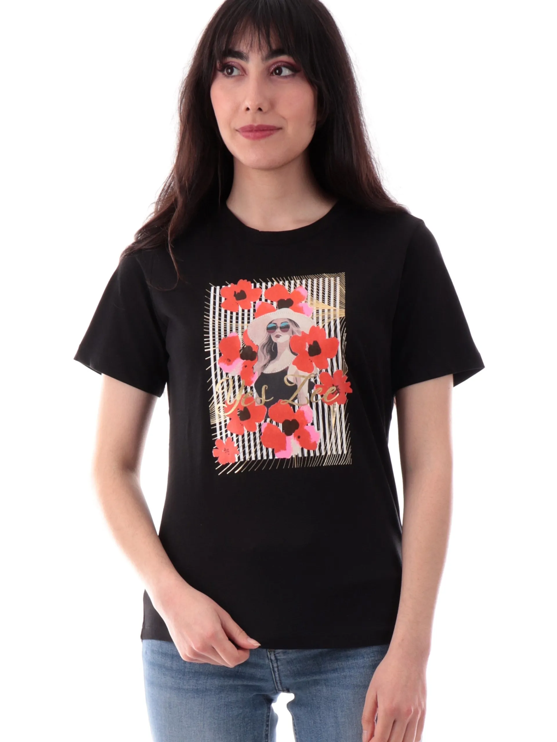YES ZEE T-Shirt*T-shirt nera da donna con stampa frontale donna e papaveri T265JX020801