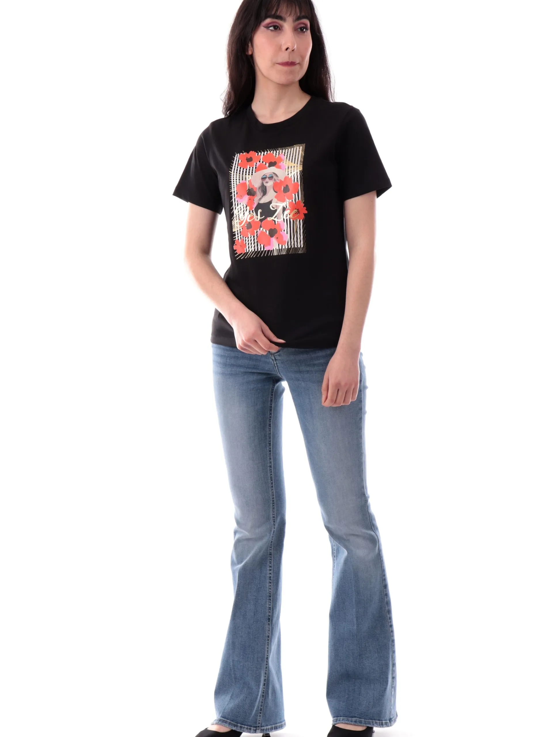 YES ZEE T-Shirt*T-shirt nera da donna con stampa frontale donna e papaveri T265JX020801