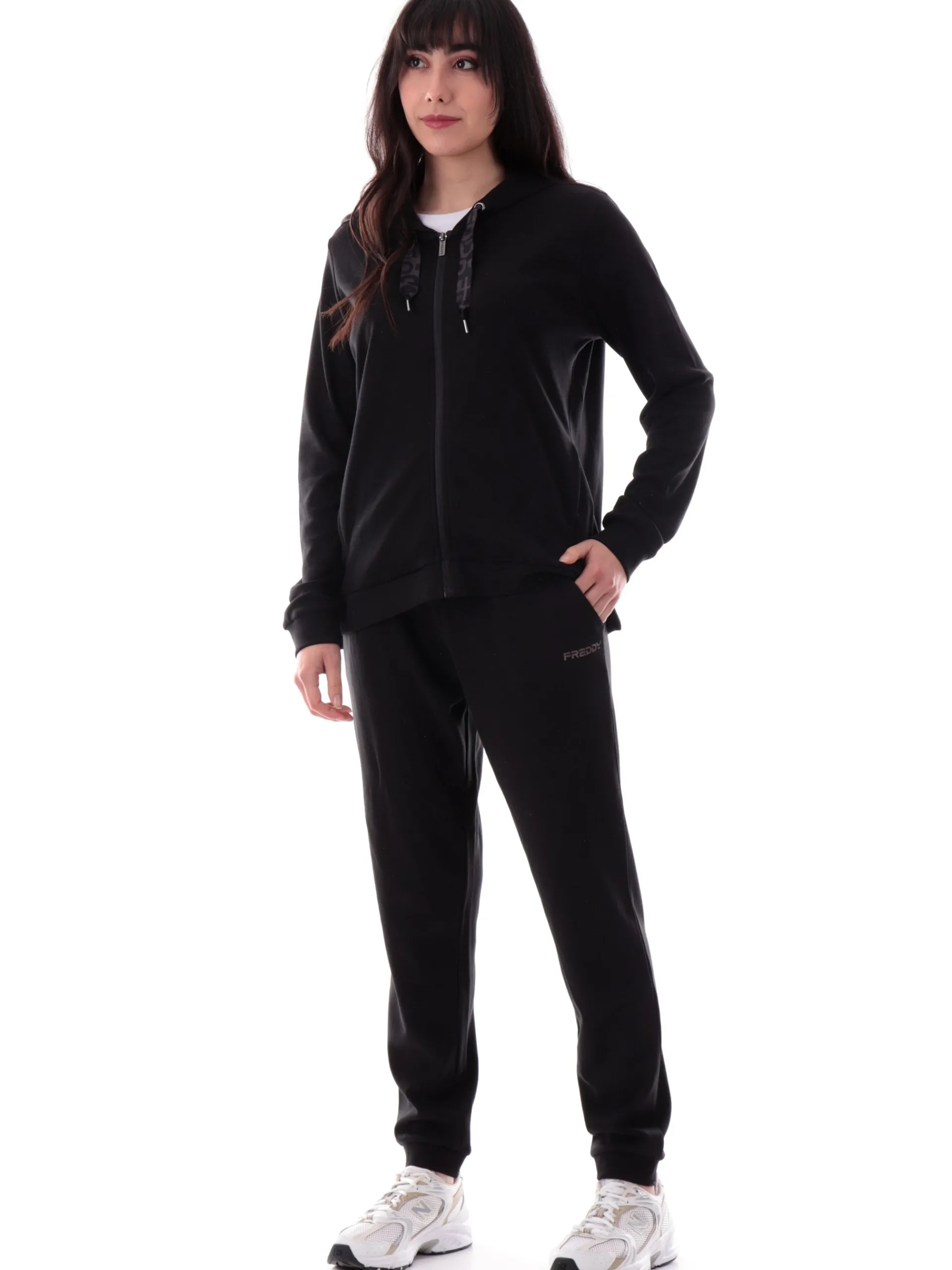 FREDDY Tute*Tuta nera da donna con cappuccio logo manica S25WTRK4
