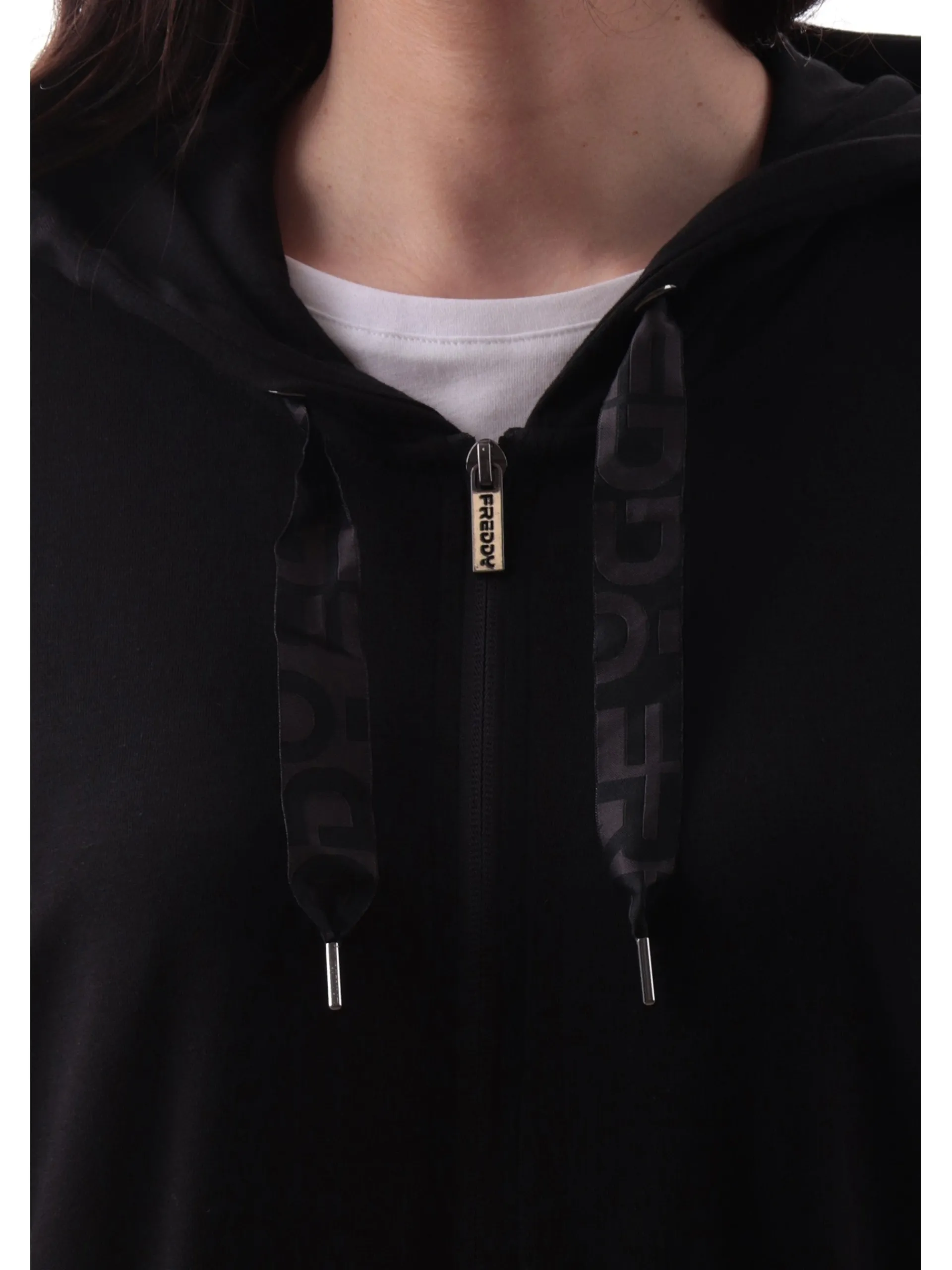 FREDDY Tute*Tuta nera da donna con cappuccio logo manica S25WTRK4