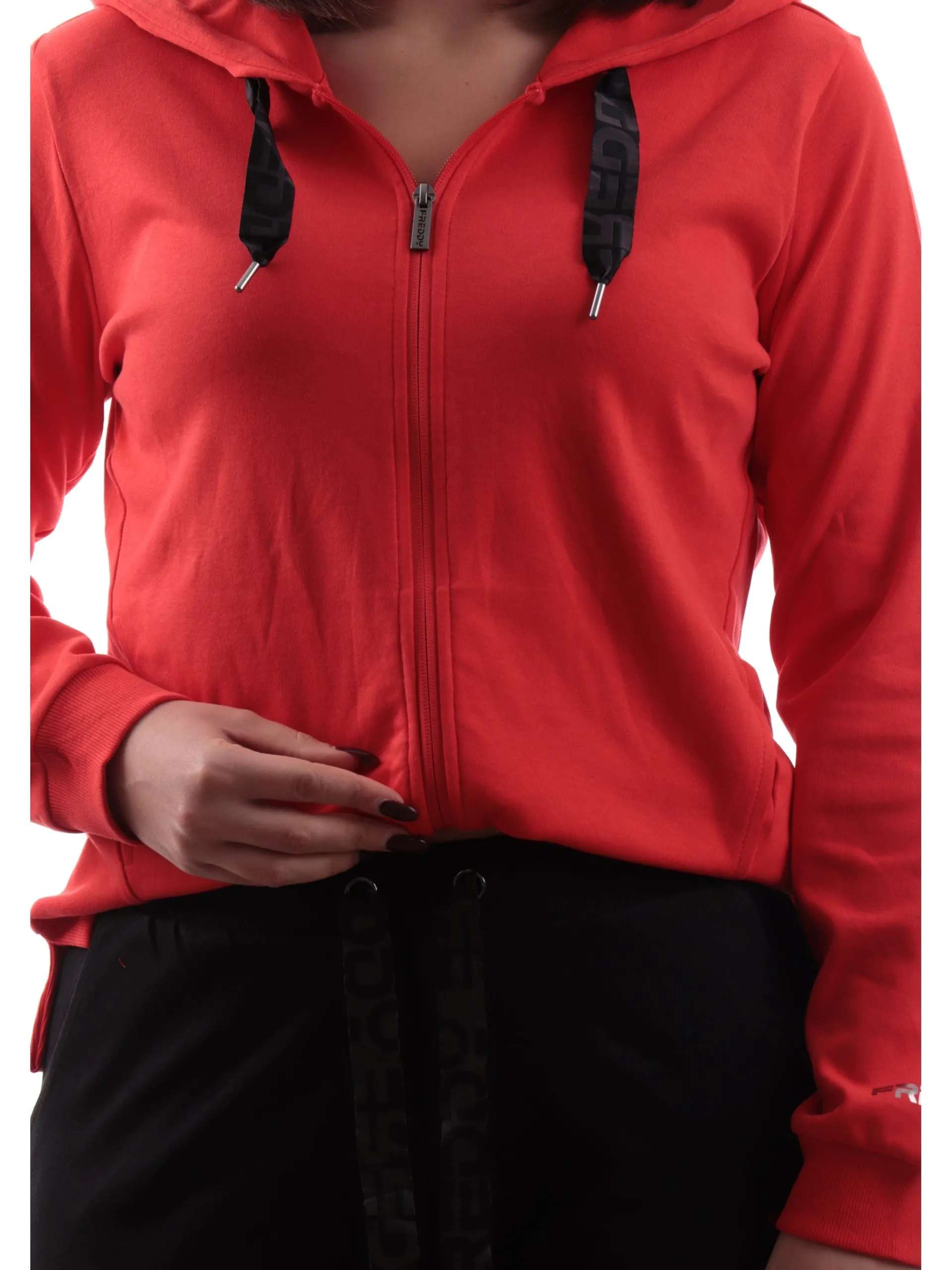 FREDDY Tute*Tuta rossa e nera da donna con cappuccio logo manica S25WTRK4