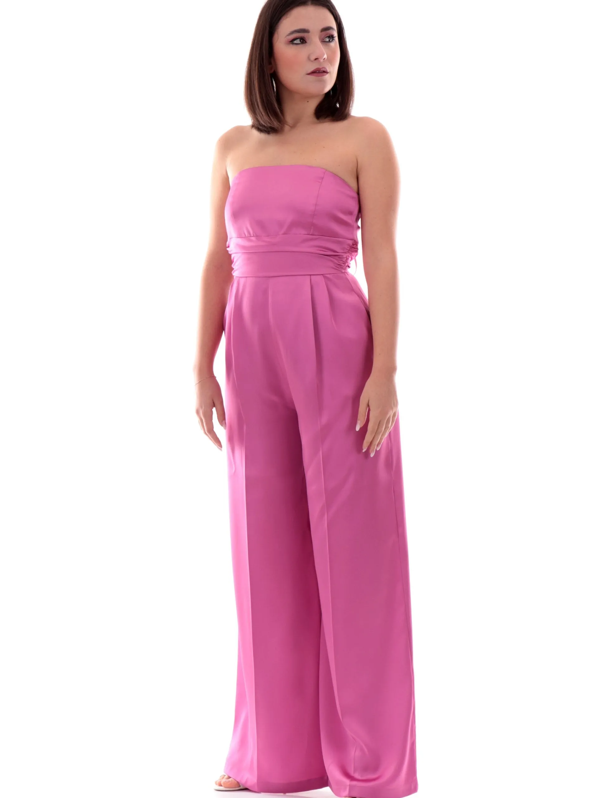 EMME MARELLA Jumpsuit*Tuta intera elegante fucsia da donna raso a palazzo scollo balconcino CAMILLE1 003