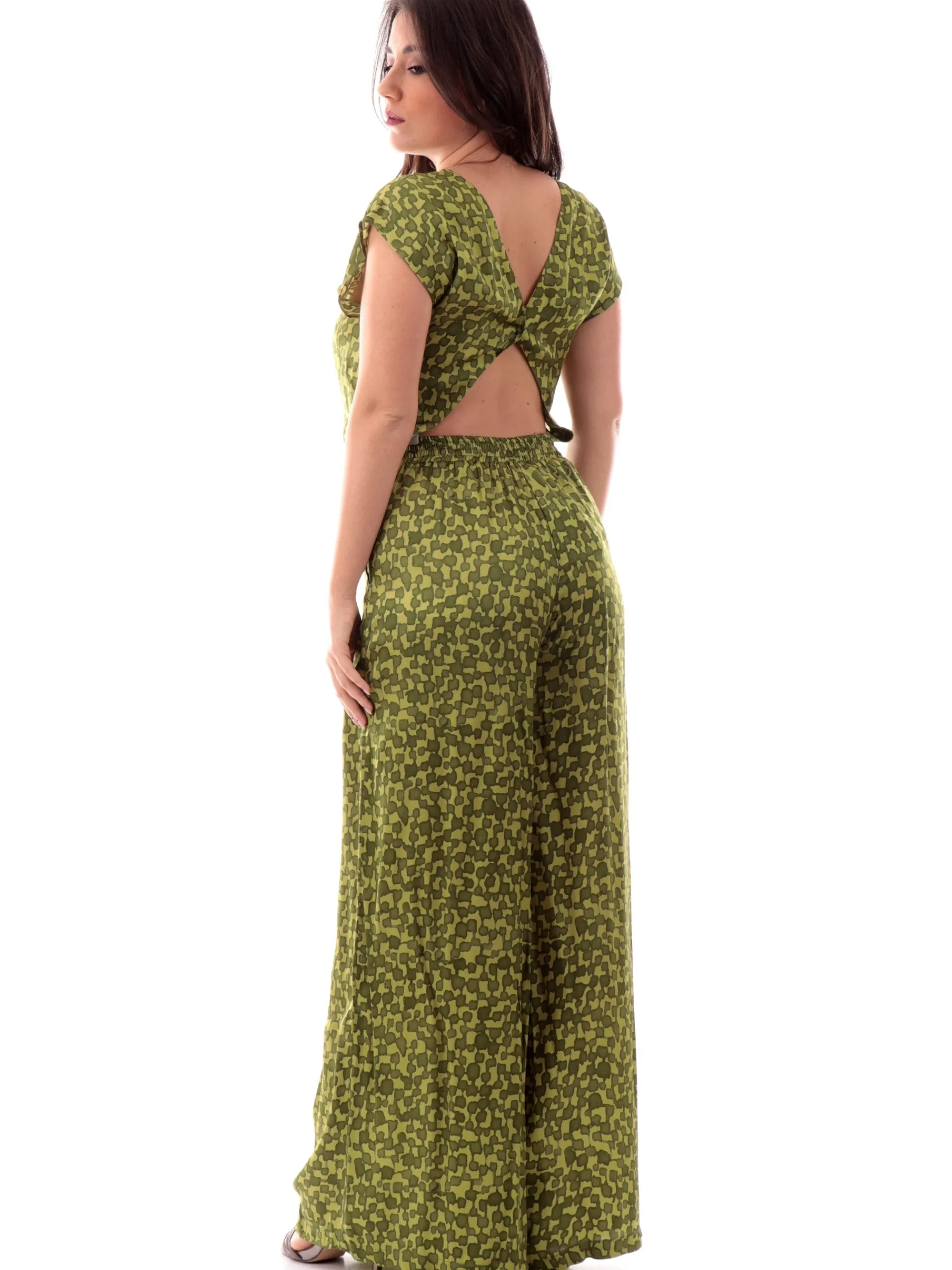 MANILA GRACE Jumpsuit*Tuta intera elegante jumpsuit verde fantasia foglie da donna schiena scoperta