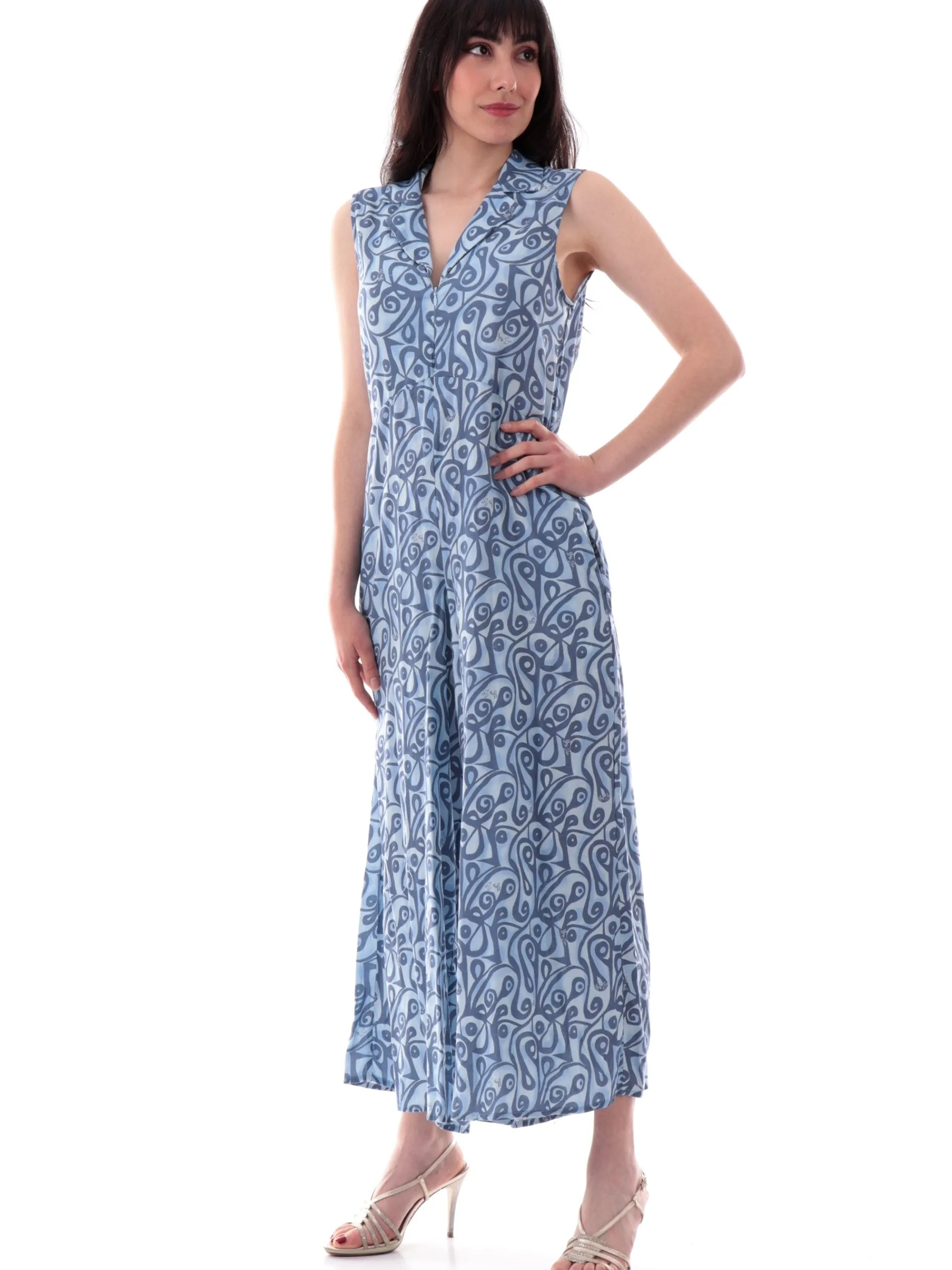 YES ZEE Jumpsuit*Tuta Intera celeste da donna a palazzo misto lino Q429V9002704