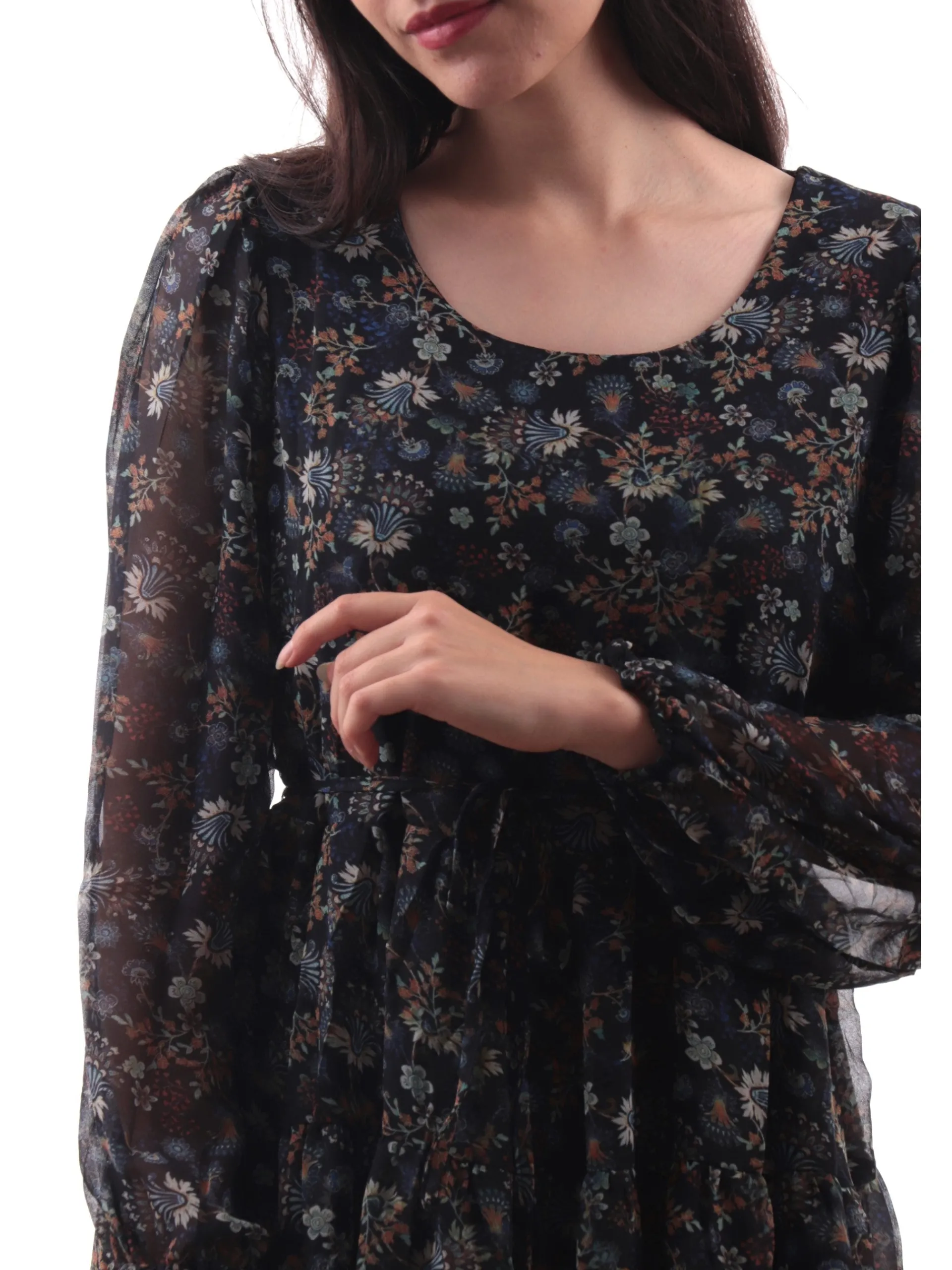 MOLLYBRACKEN Vestiti*Vestito a fiori Molly Bracken nero da donna svasato con balze N263CN