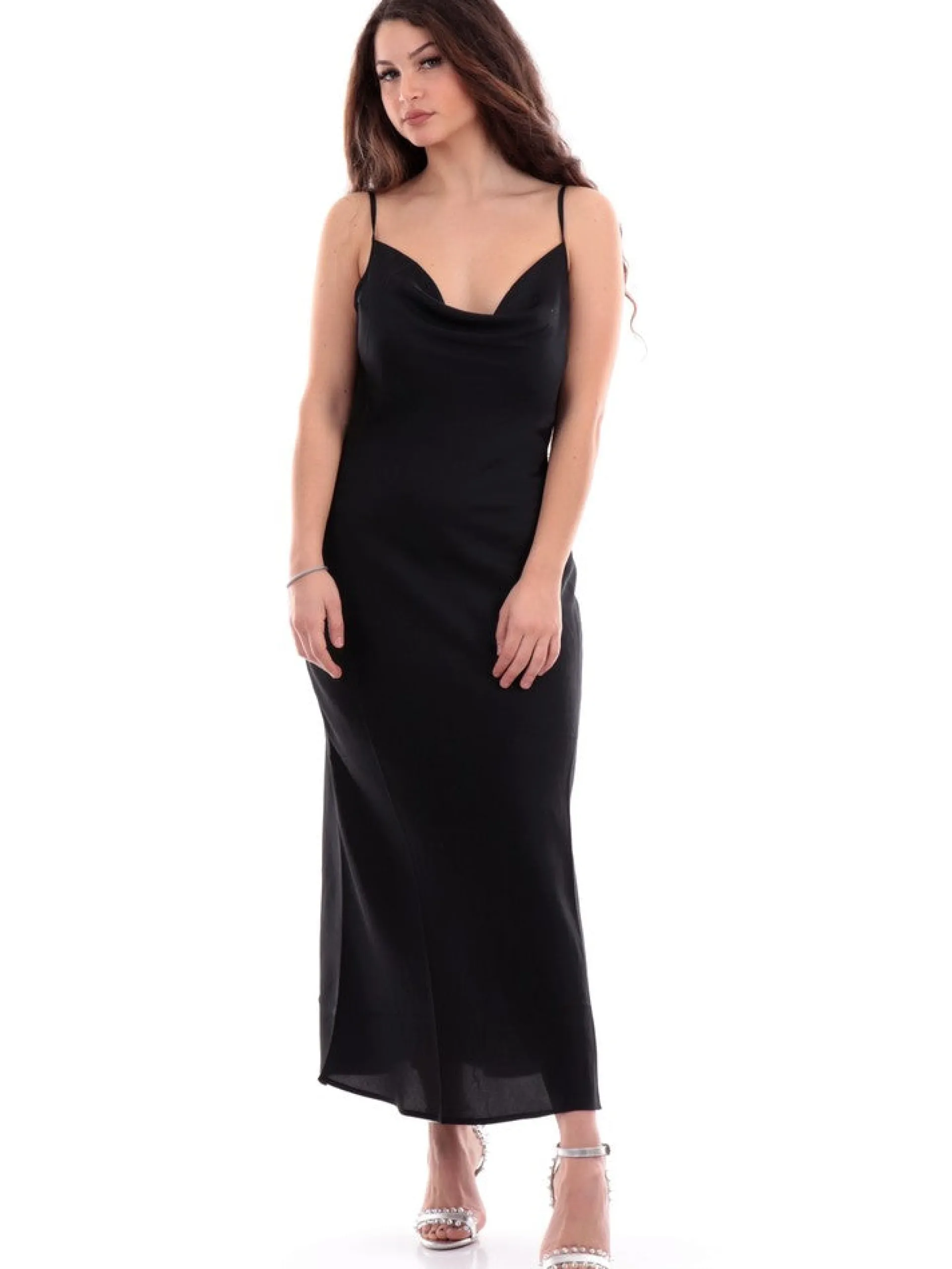 GUESS Vestiti*Vestito Nero da donna in tessuto raso scivolato con collo morbido Akilina