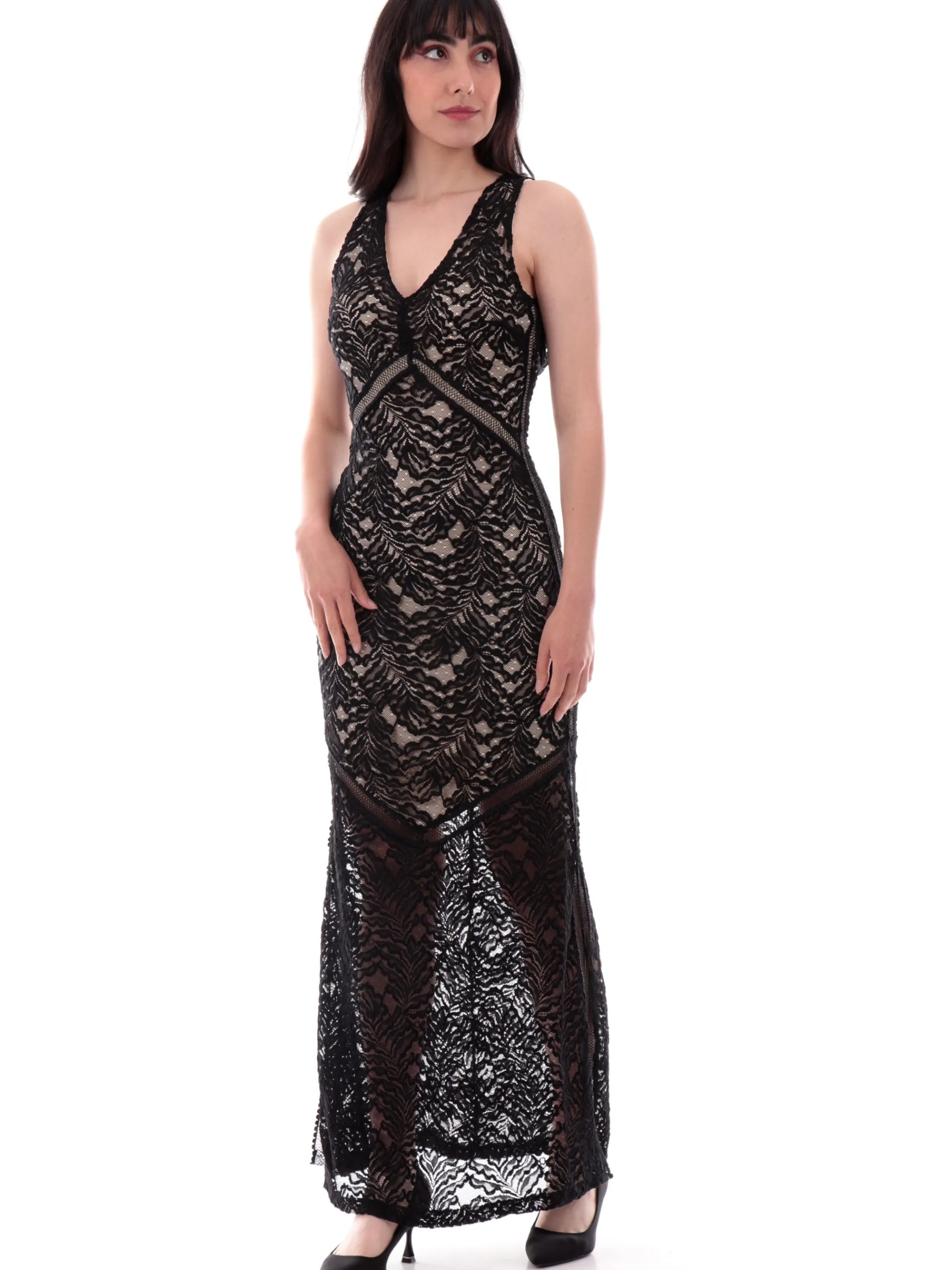 GUESS Vestiti*Vestito Lungo da donna pizzo nero e color carne Christel W5GK37KCS90