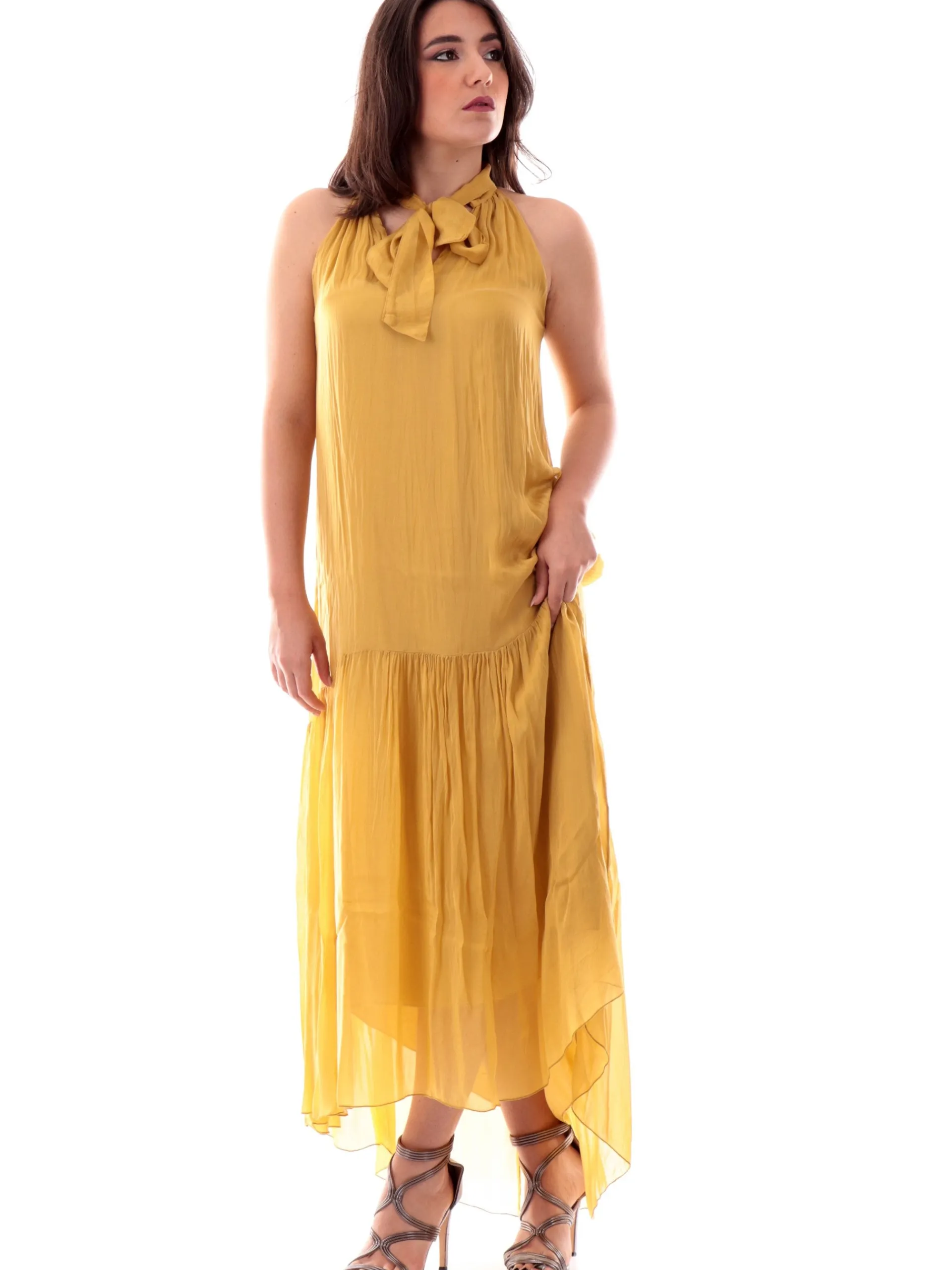 MANILA GRACE Vestiti*Vestito Lungo Giallo svasato scollo americana ampio Mostarda senape A082VUMA640