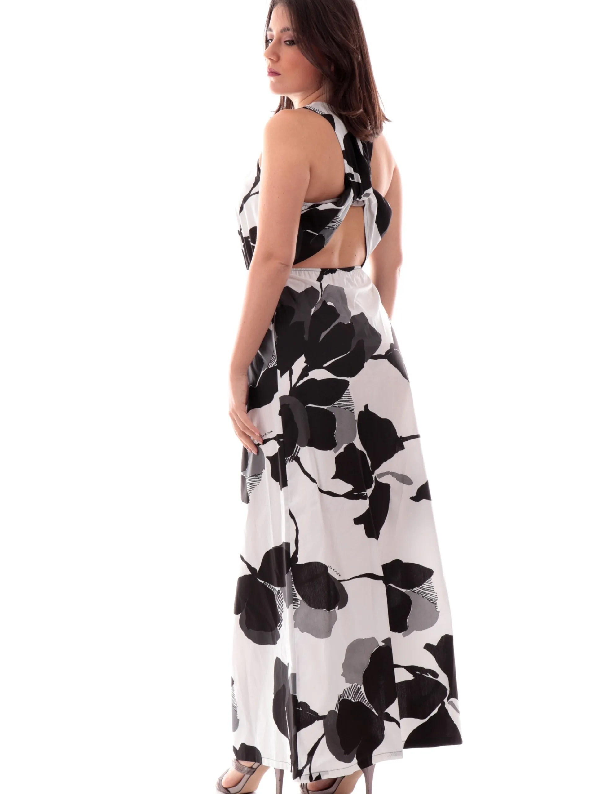 MANILA GRACE Vestiti*Vestito bianco fiori neri da donna smanicato e svasato A129CSMA