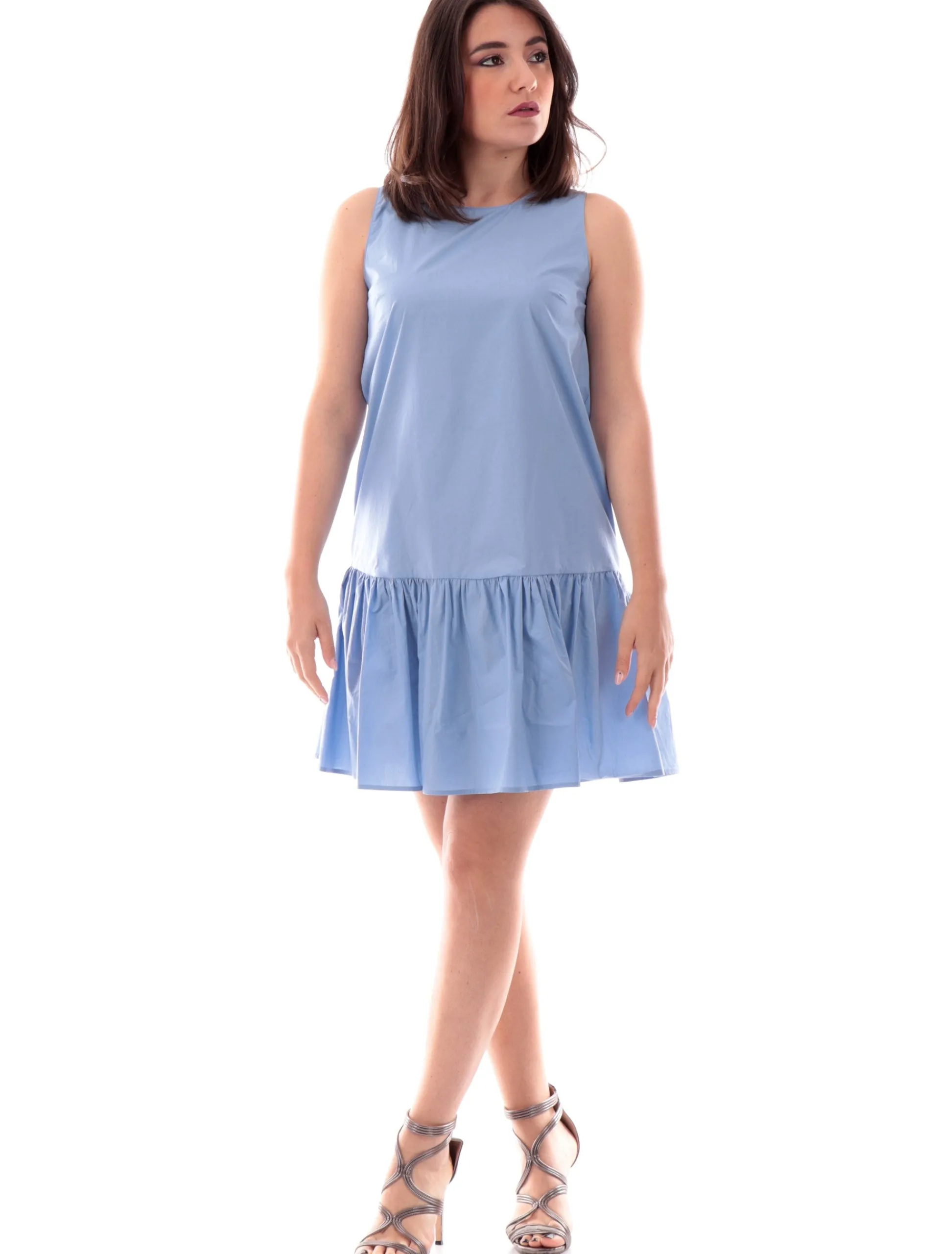 MANILA GRACE Vestiti*Vestito celeste da donna con balza sul fondo A263CUMA570