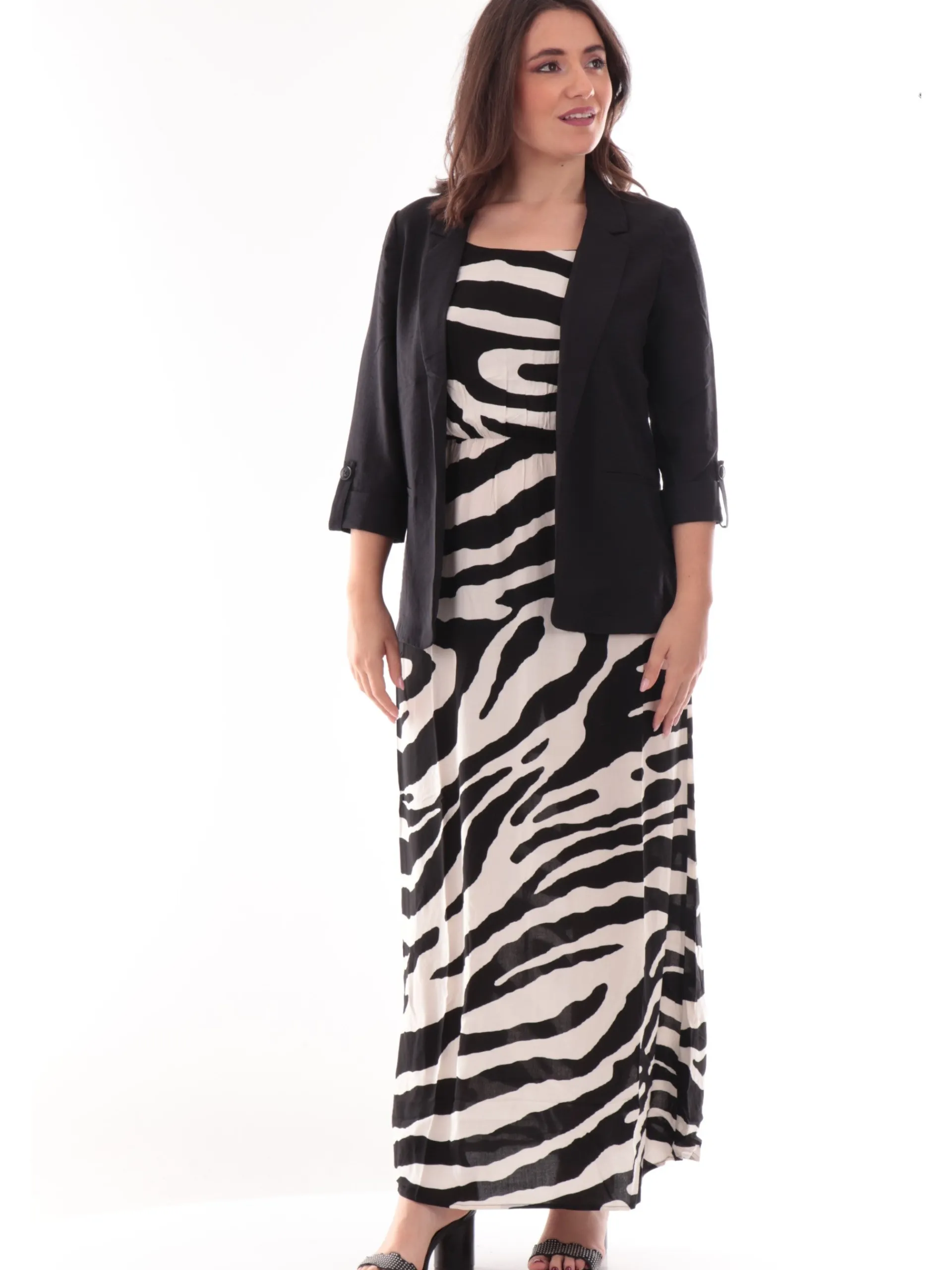 ONLY Vestiti*Vestito spalle scoperte nero zebrato da donna lungo 15222217