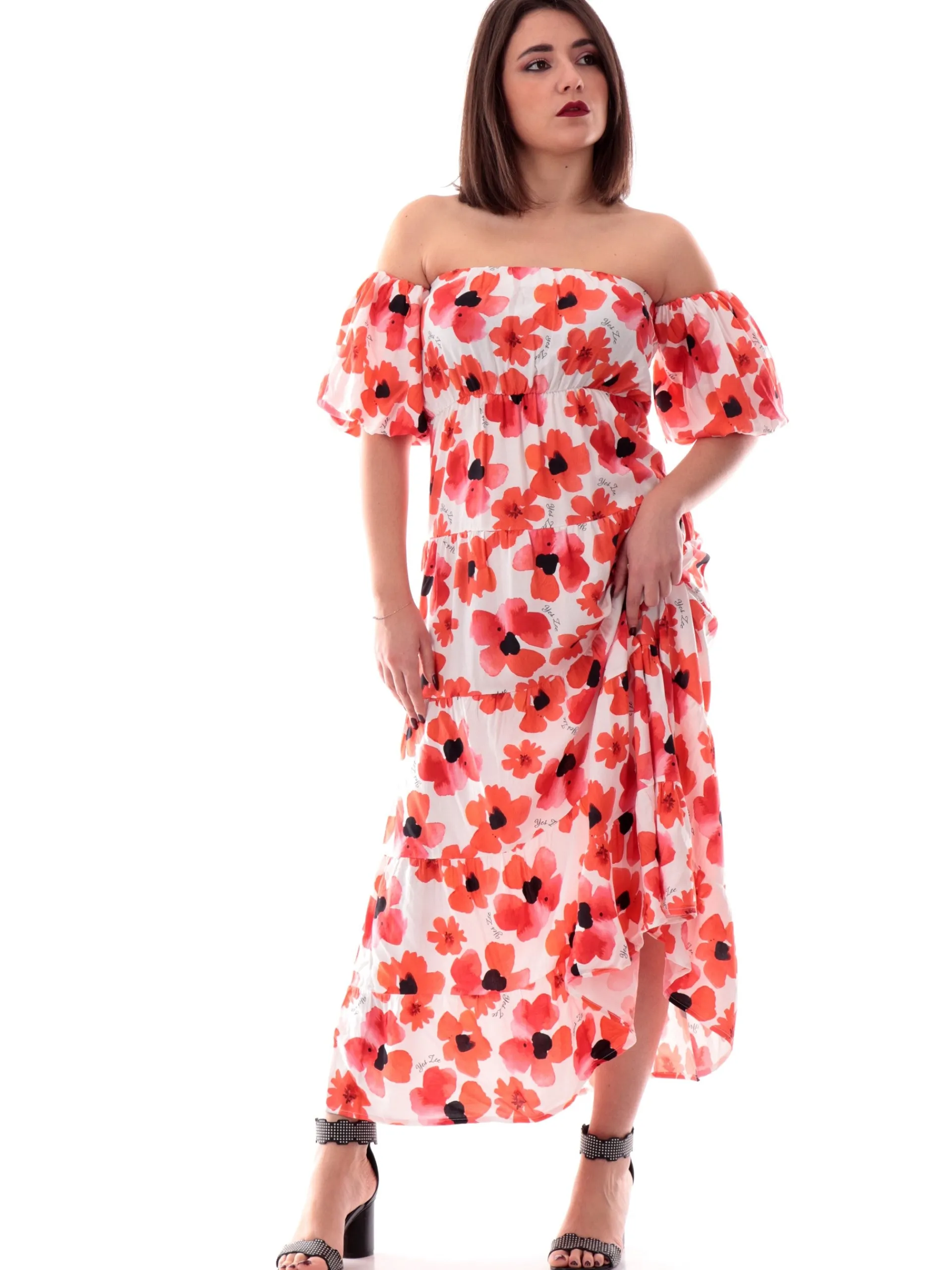 YES ZEE Vestiti*Vestito bianco spalle scoperte da donna Impero fantasia floreale A465CI00